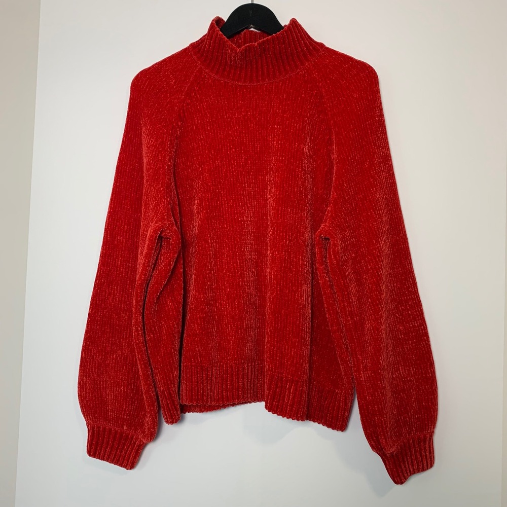 Loft Chenille Sweater Womens XL Red Mock Neck Raglan Long Sleeve Plush